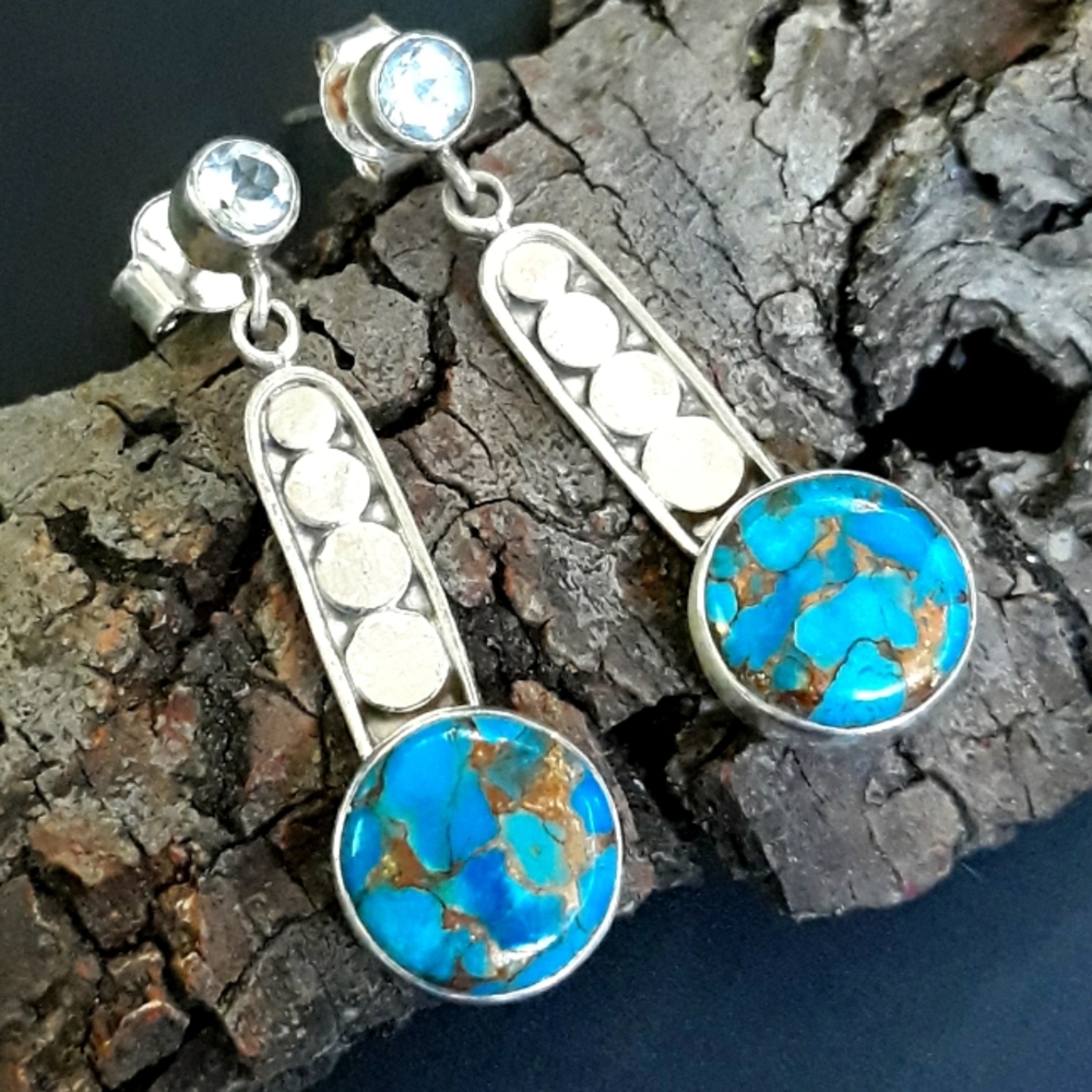 Handcrafted Copper Blue Turquoise Silver Earrings